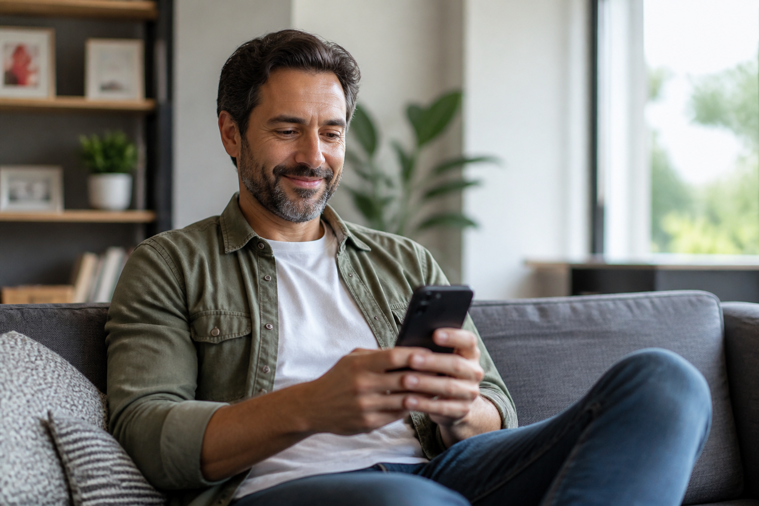 Person reading a secure message on a phone at home
